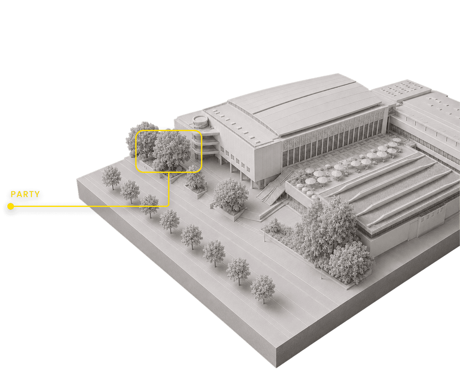 3D model highlighting the party area beneath the trees, to the left of the entrance