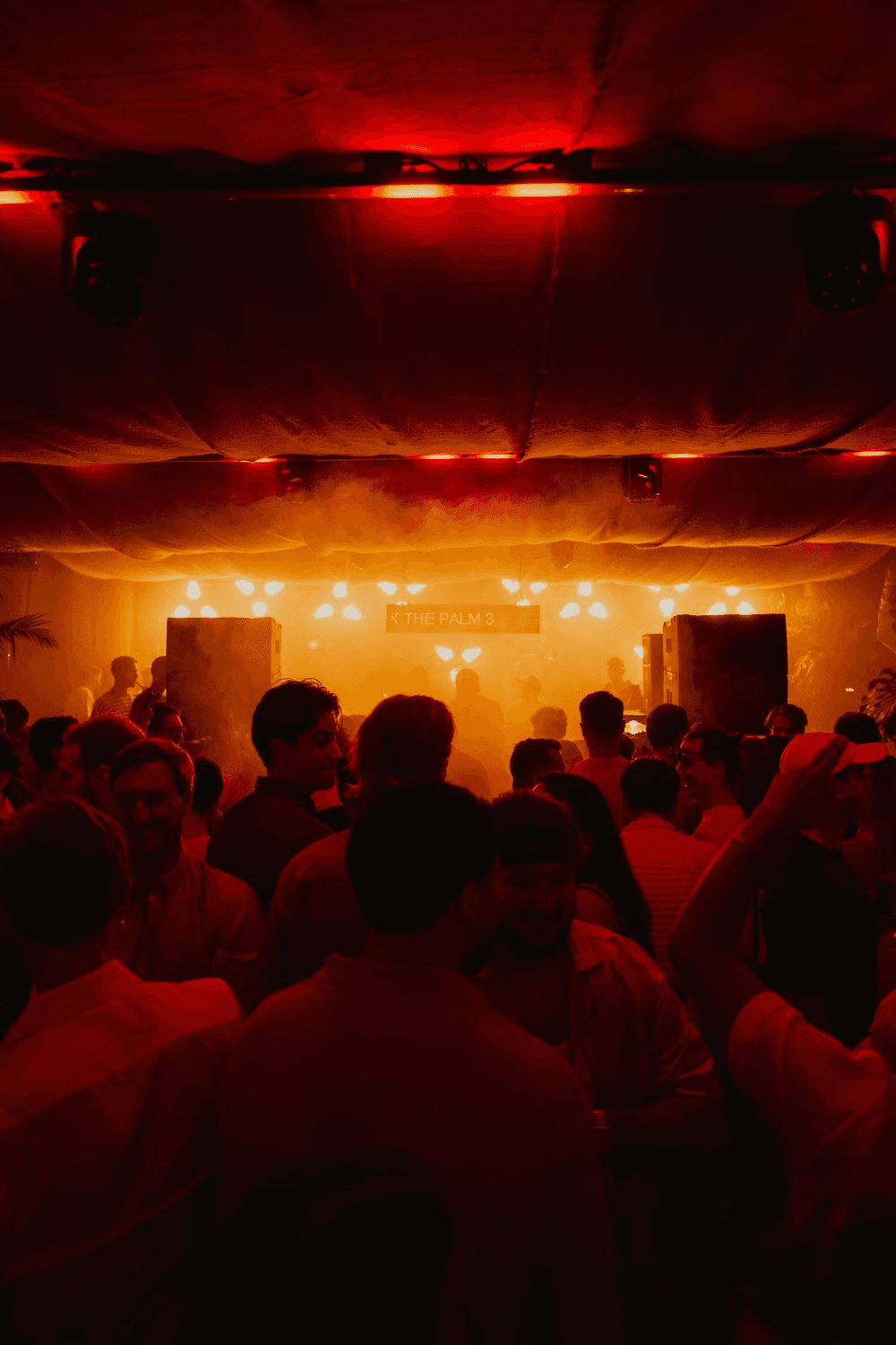 Crowd celebrating at a red-lit Palm3 party